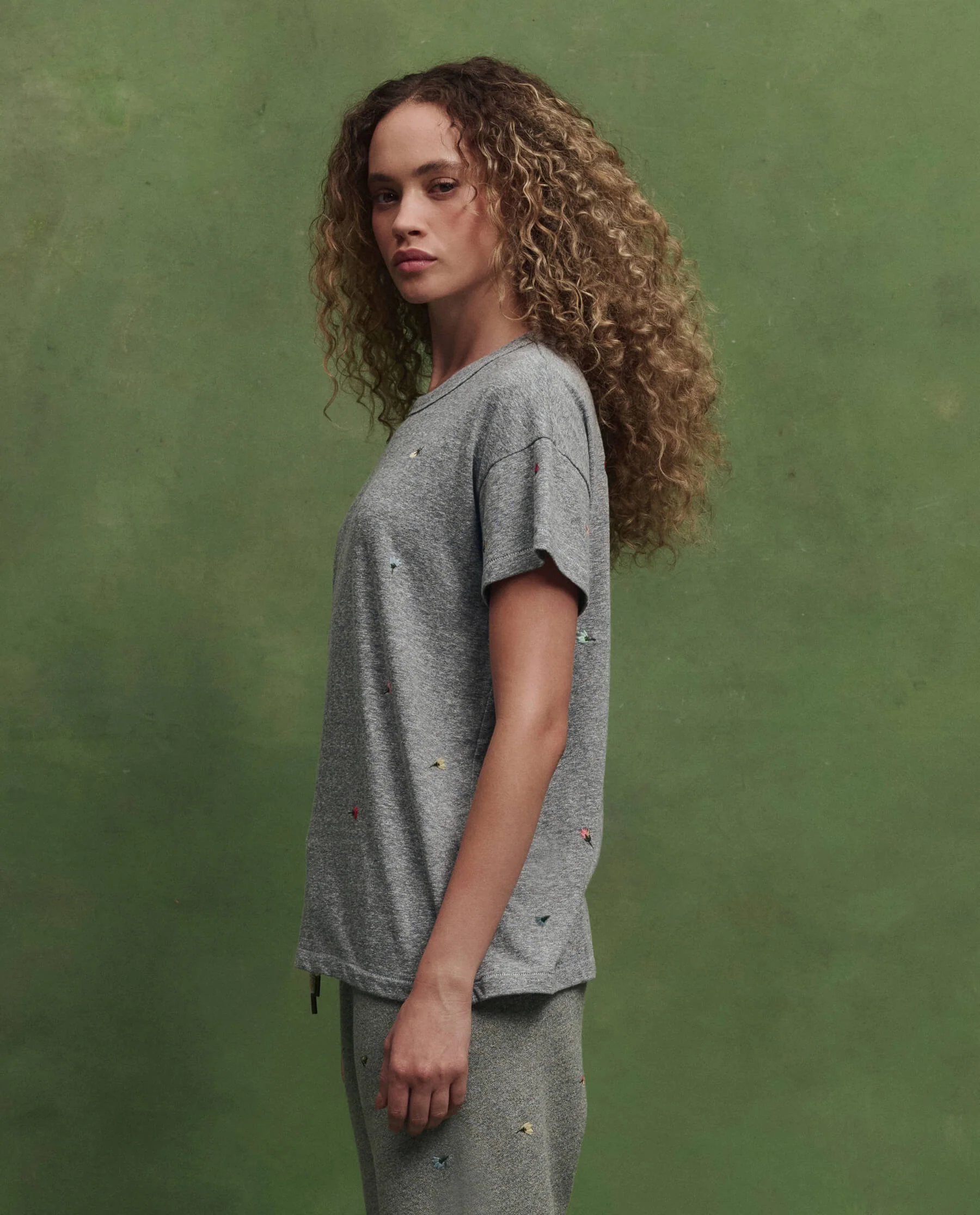 The Boxy Crew w/ Tossed Floral Embroidery. -- Heather Grey - Image 3