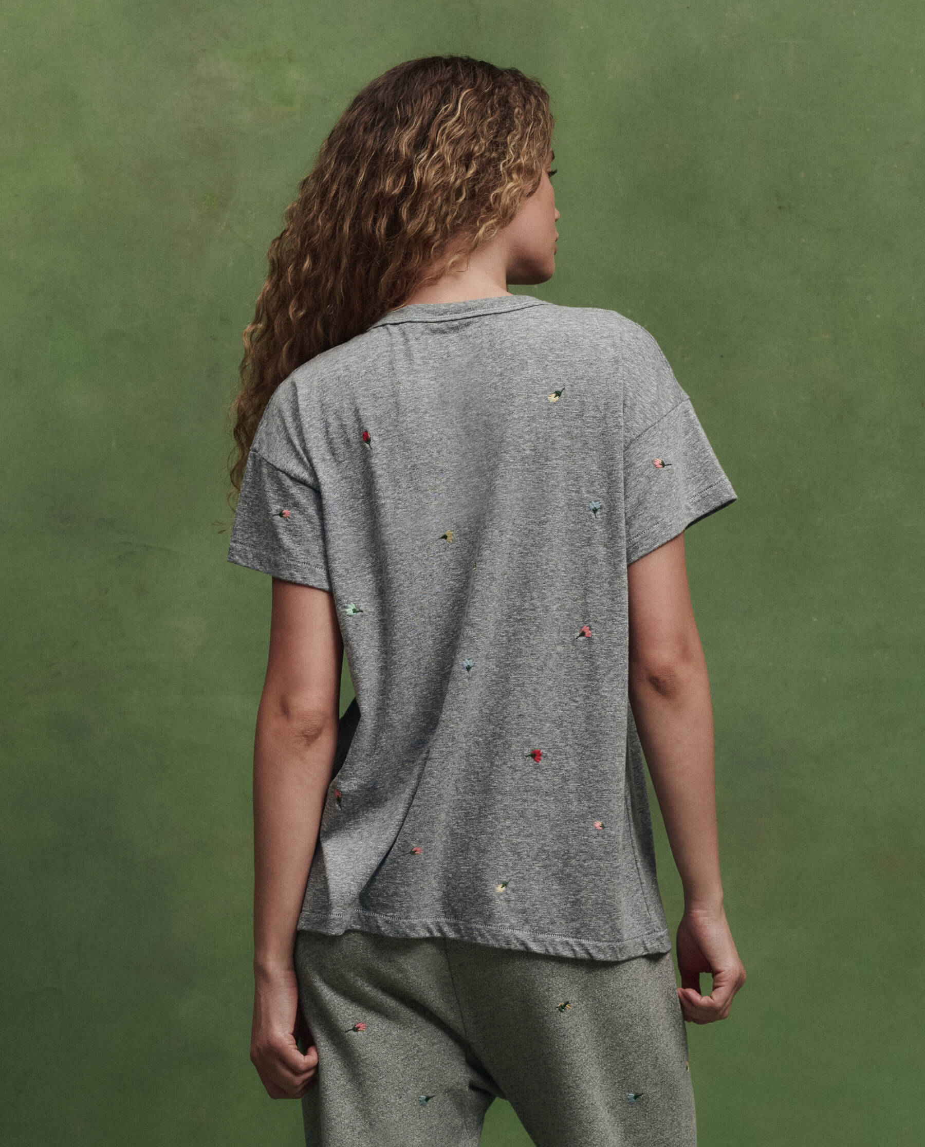 The Boxy Crew w/ Tossed Floral Embroidery. -- Heather Grey - Image 4