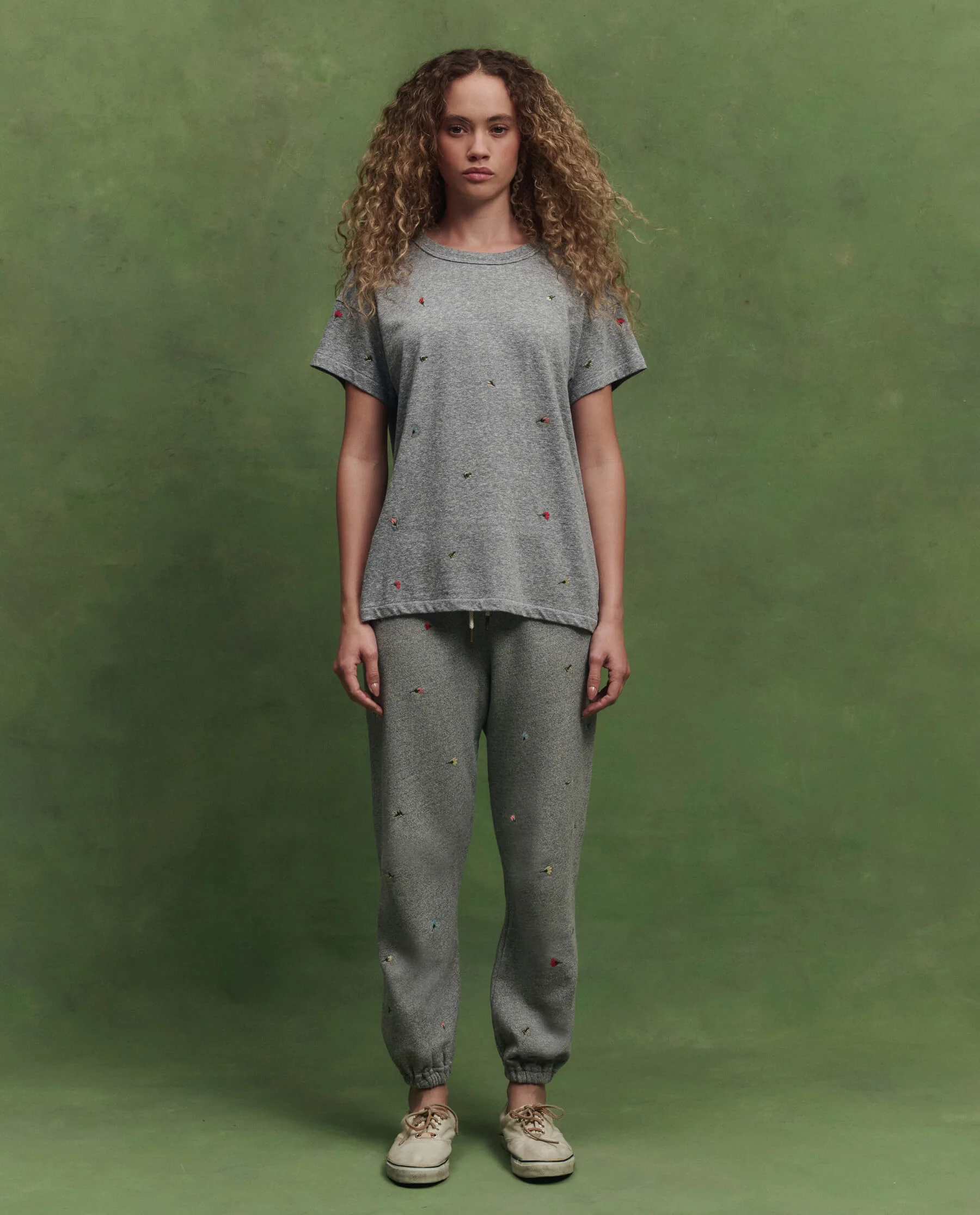 The Boxy Crew w/ Tossed Floral Embroidery. -- Heather Grey - Image 5