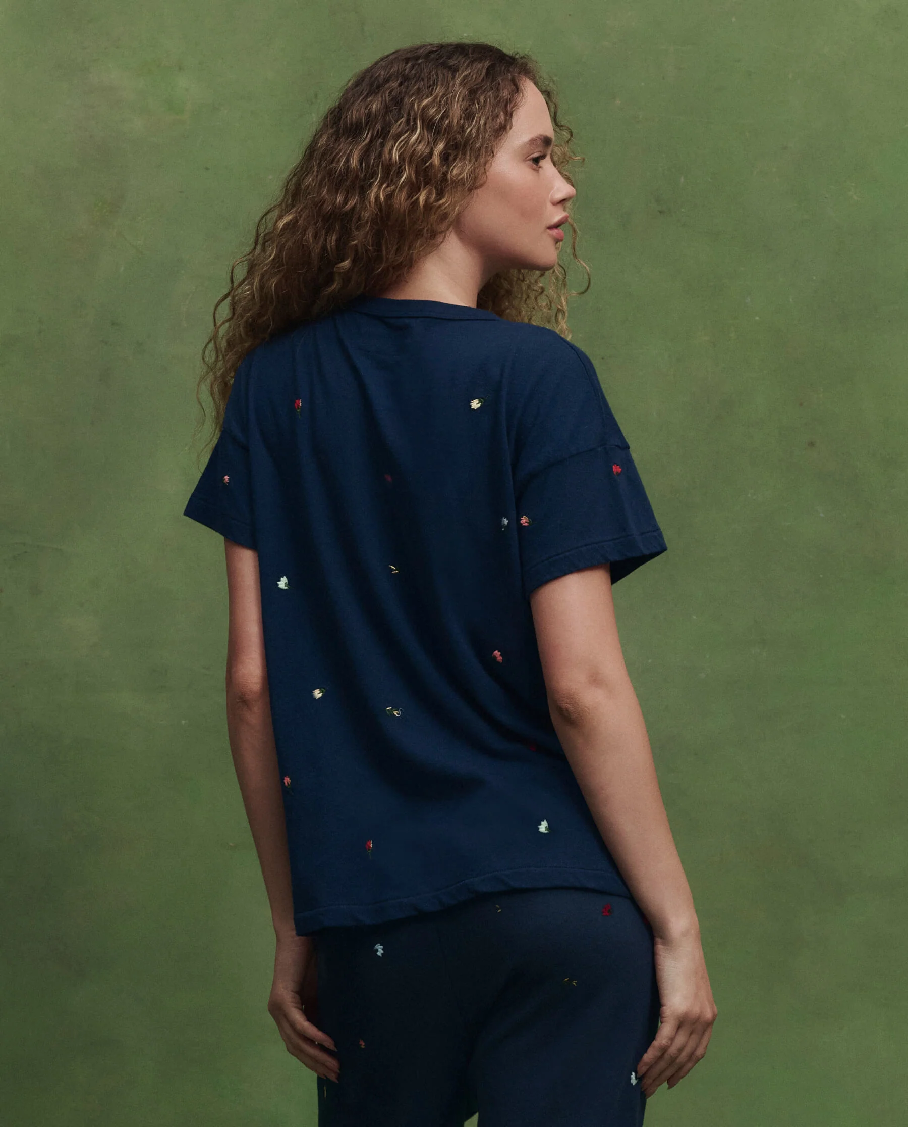 The Boxy Crew w/ Tossed Floral Embroidery. -- Navy - Image 3