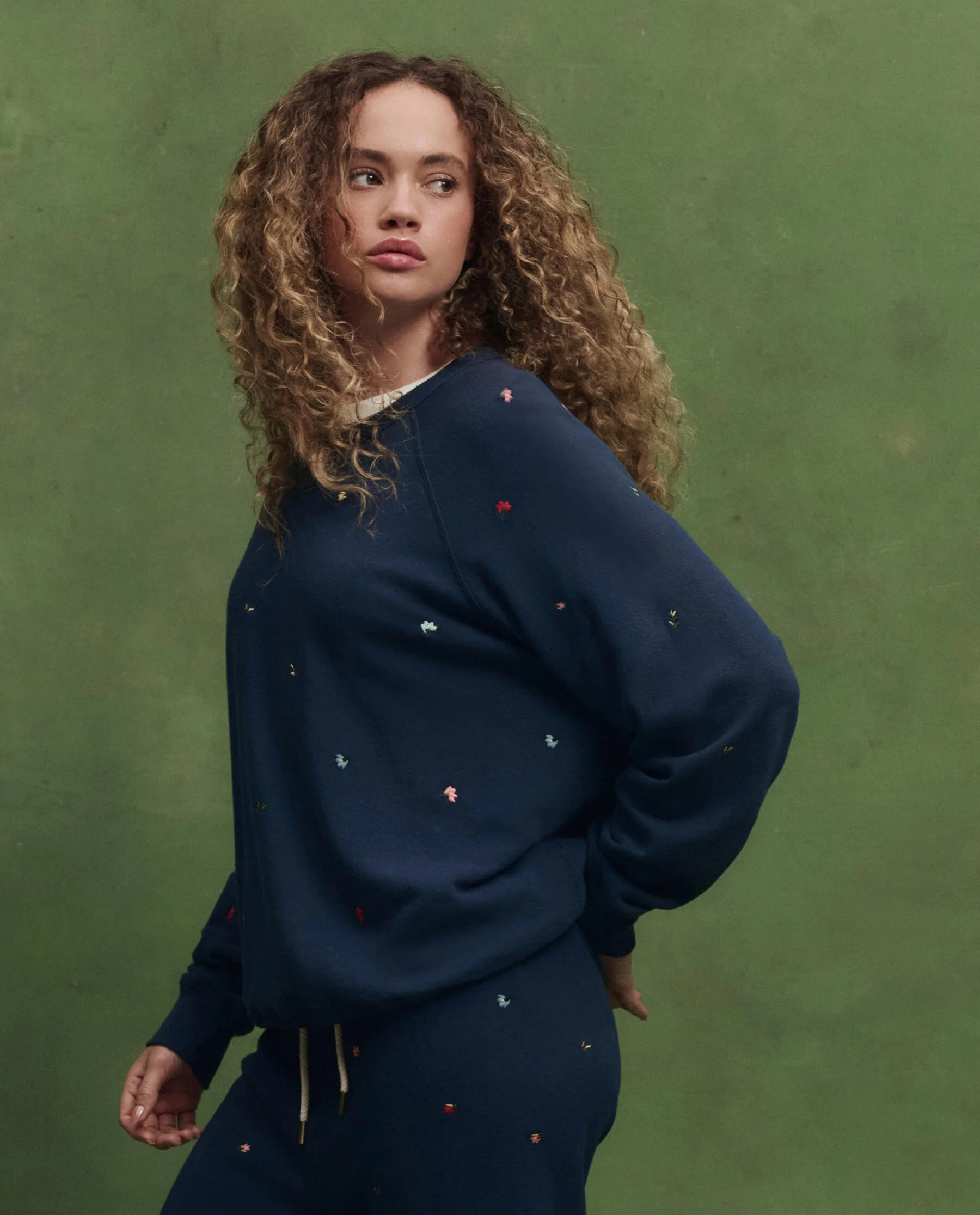 The College Sweatshirt w/ Tossed Floral Embroidery. -- Navy - Image 3