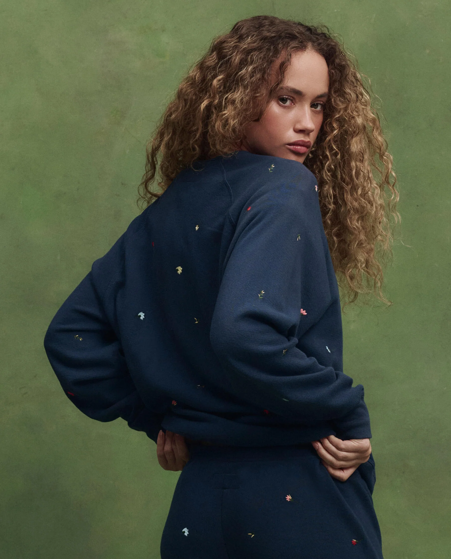 The College Sweatshirt w/ Tossed Floral Embroidery. -- Navy - Image 4