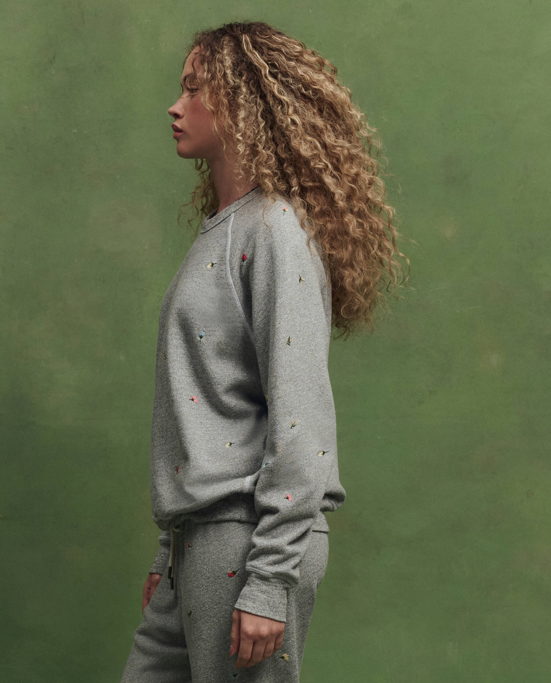The College Sweatshirt w/ Tossed Floral Embroidery. -- Varsity Grey - Image 3