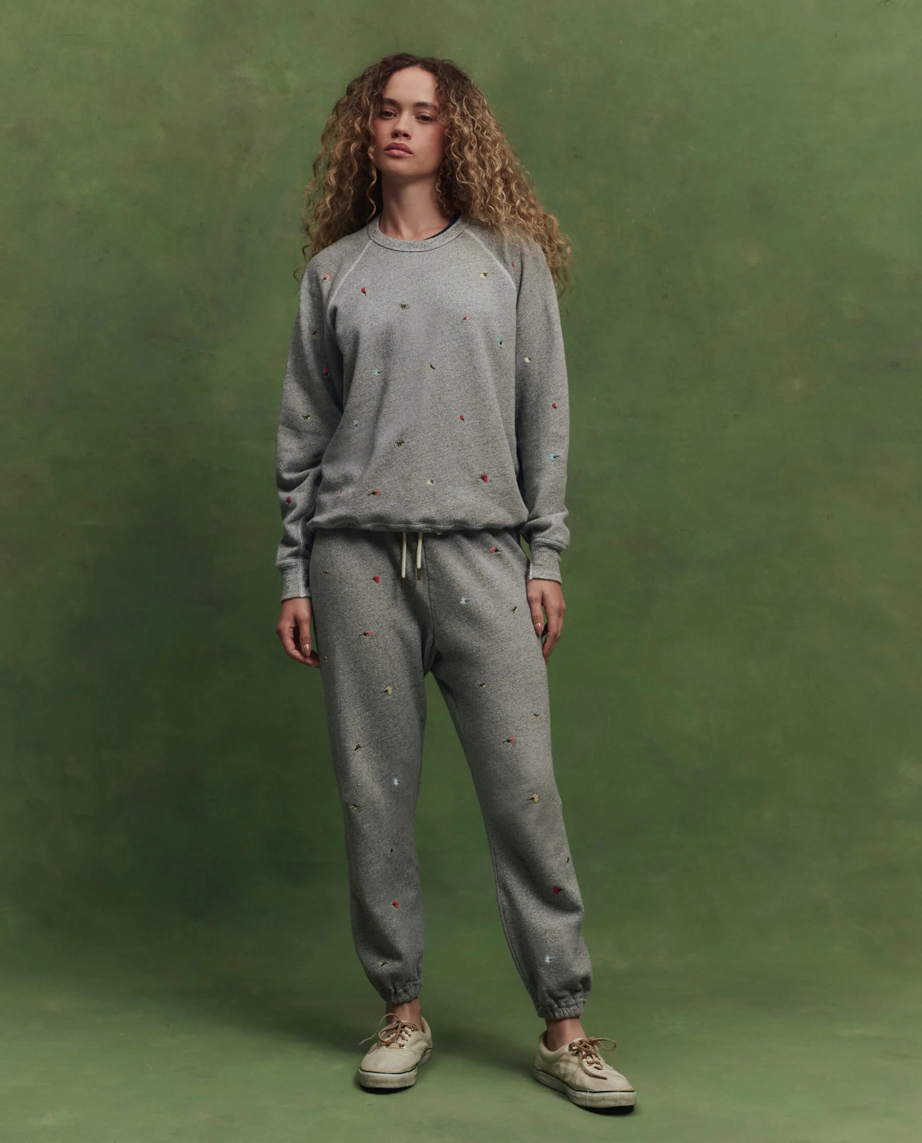 The College Sweatshirt w/ Tossed Floral Embroidery. -- Varsity Grey - Image 5