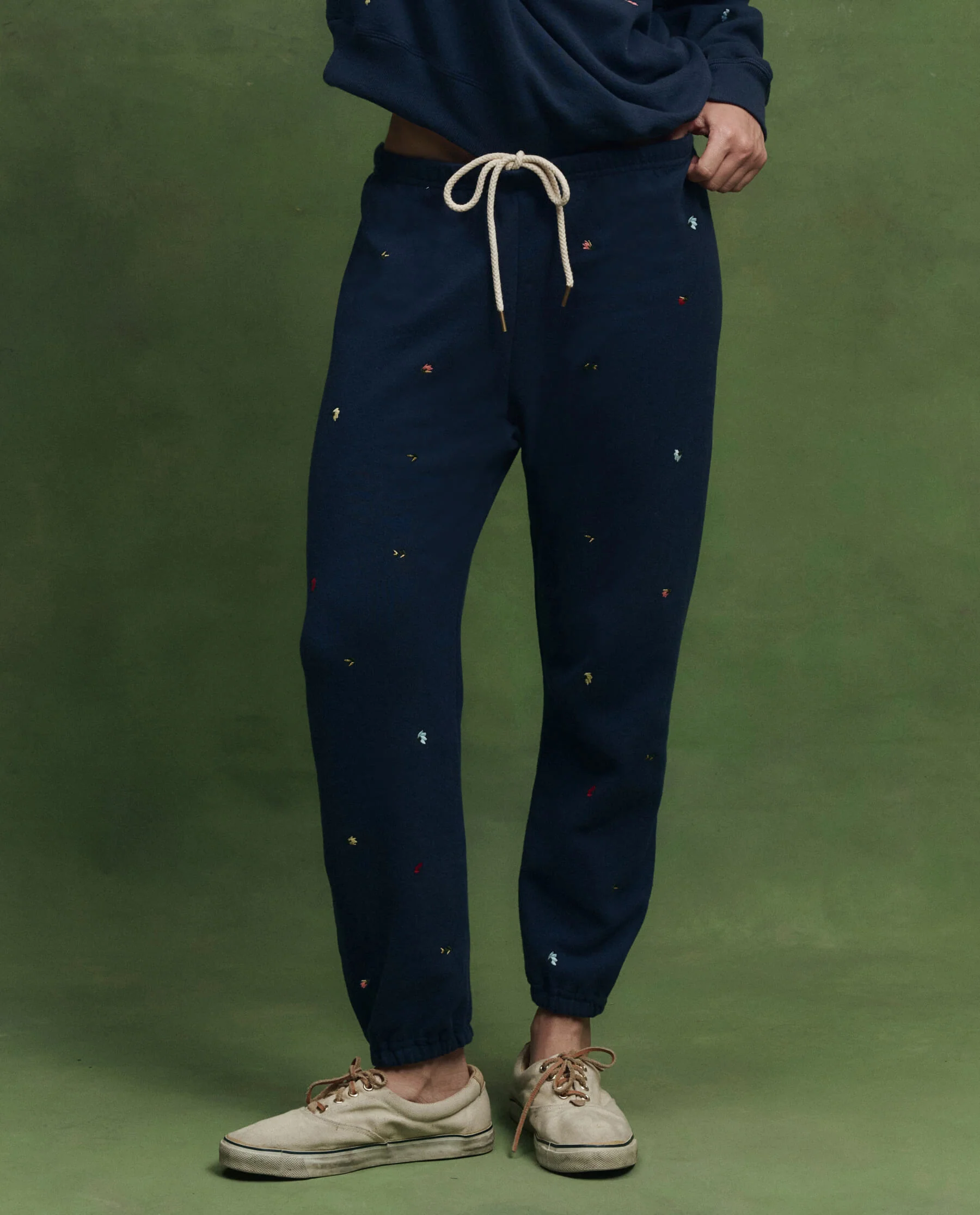 The Stadium Sweatpant w/ Tossed Floral Embroidery. -- Navy - Image 3