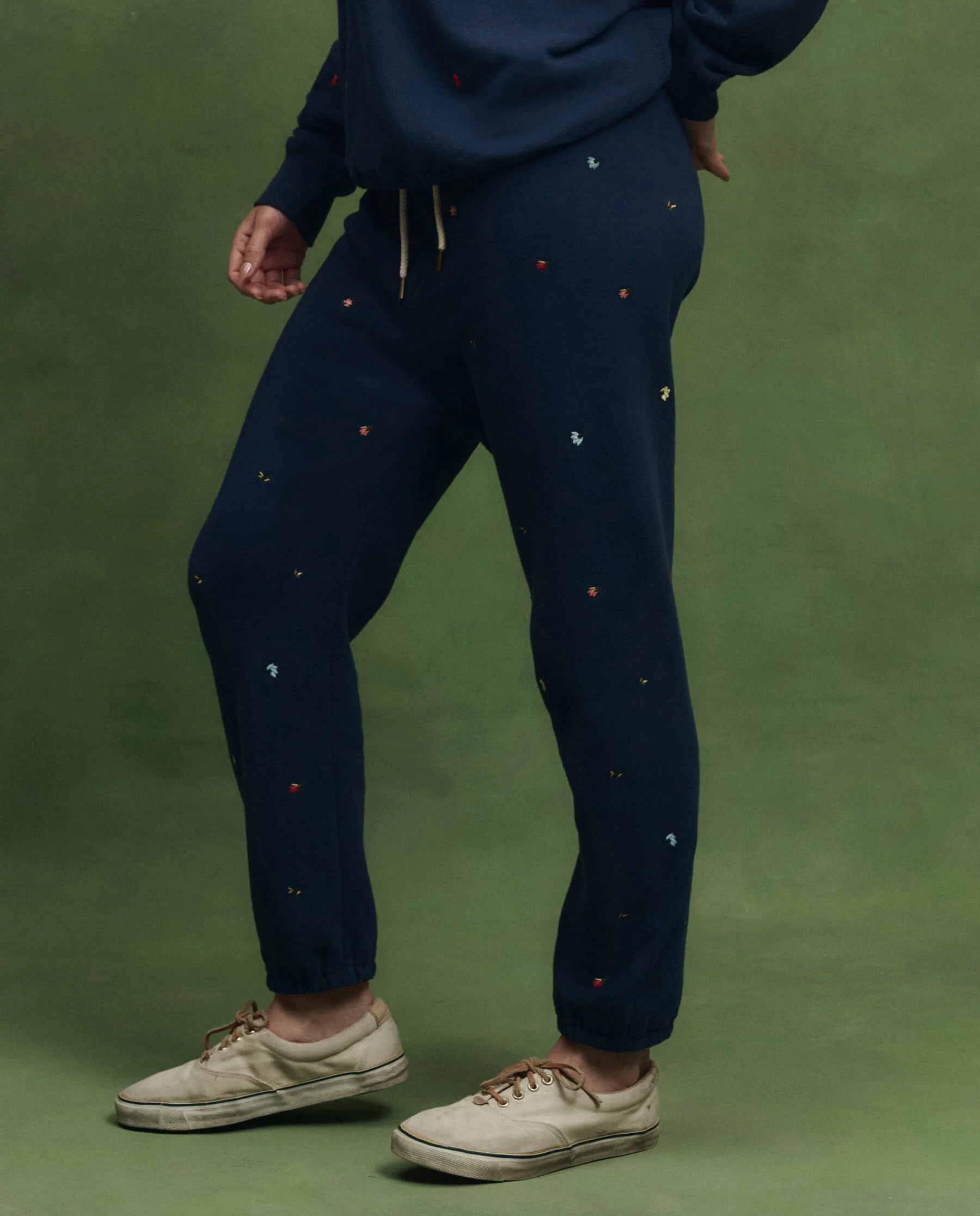 The Stadium Sweatpant w/ Tossed Floral Embroidery. -- Navy - Image 4