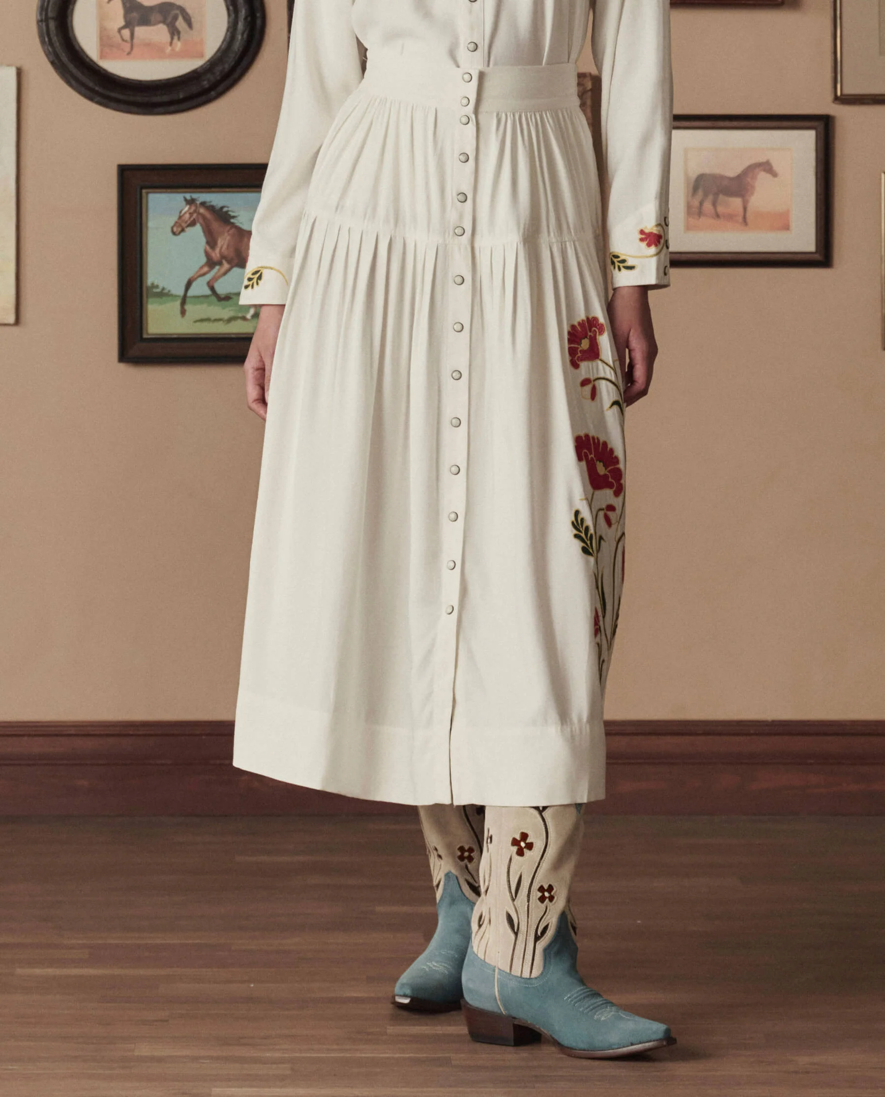 The Western Embroidered Highland Skirt. -- Cream With Chambray Mix Multi Emb - Image 3