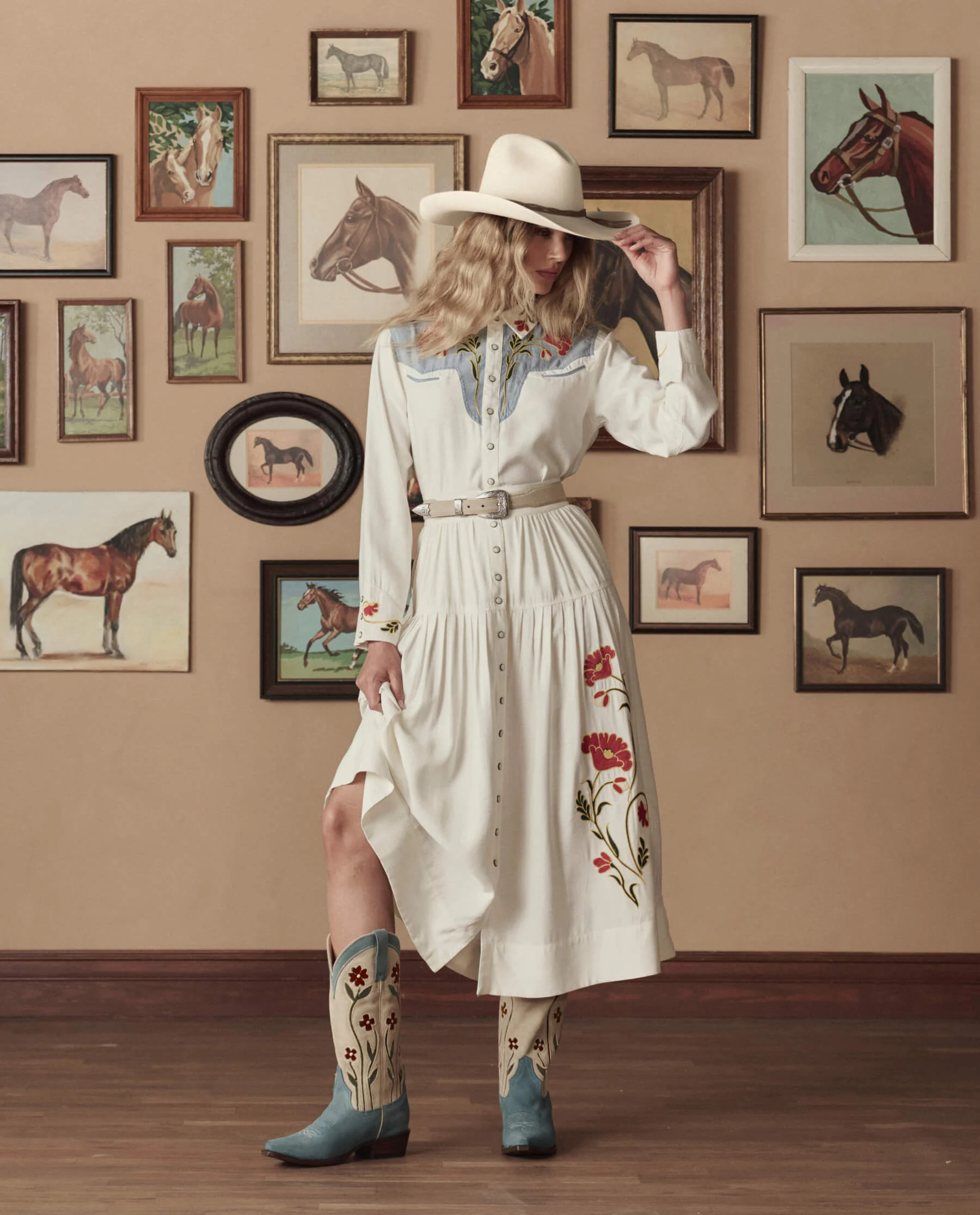 The Western Embroidered Highland Skirt. -- Cream With Chambray Mix Multi Emb - Image 5